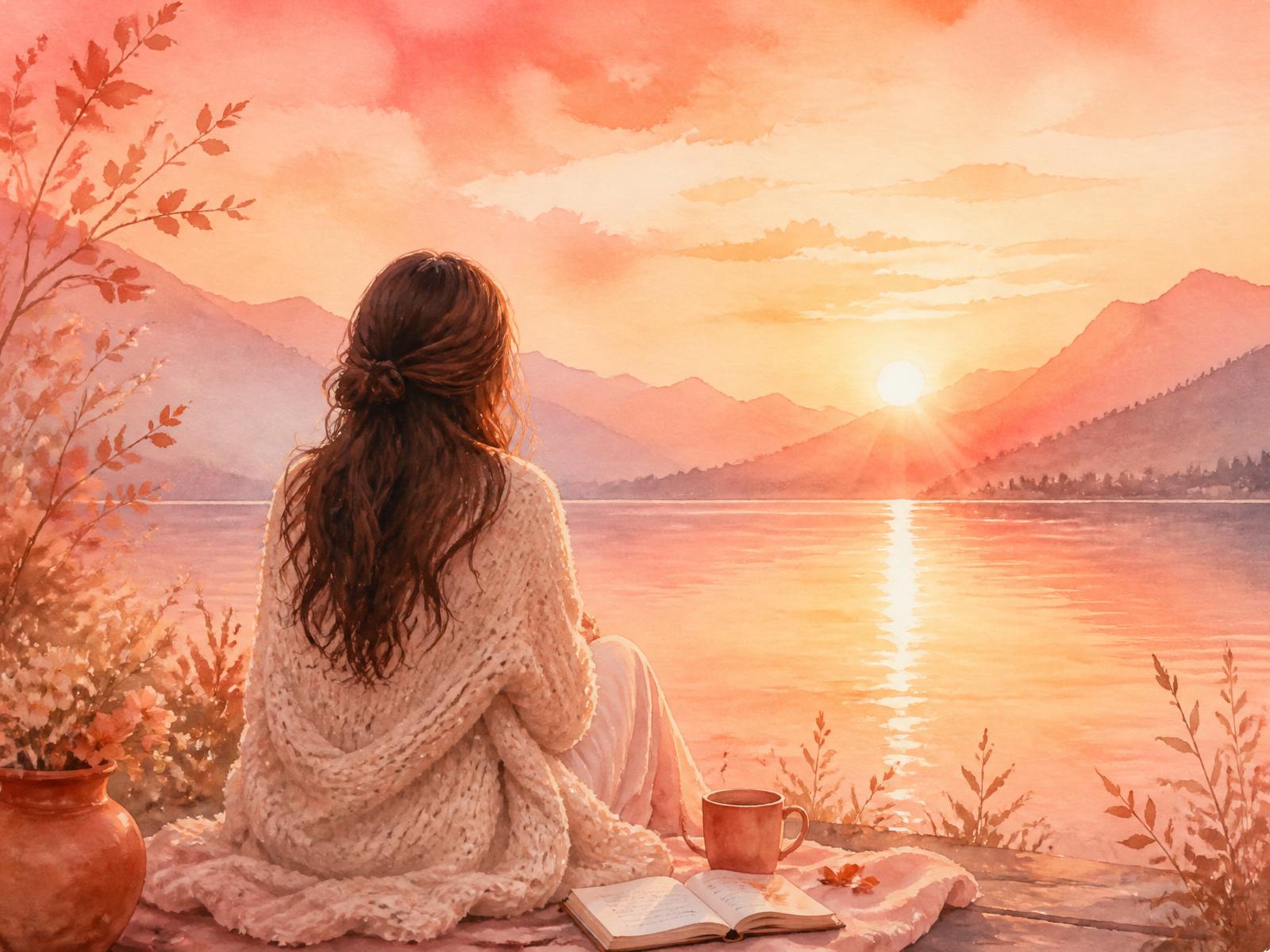 A woman watching a peaceful sunrise over a still lake